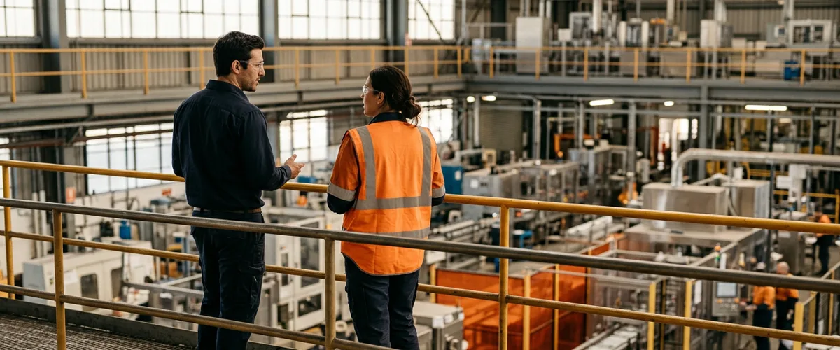 Two engineers in safety glasses talking on a mezzanine walkway above a manufacturing floor during an automation engineer plant visit