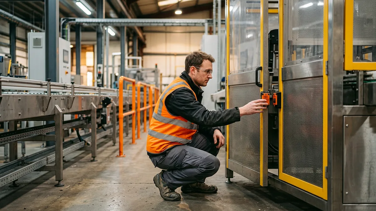 Automation engineer checking a safety interlock switch on a machine guard door beside a stopped production line