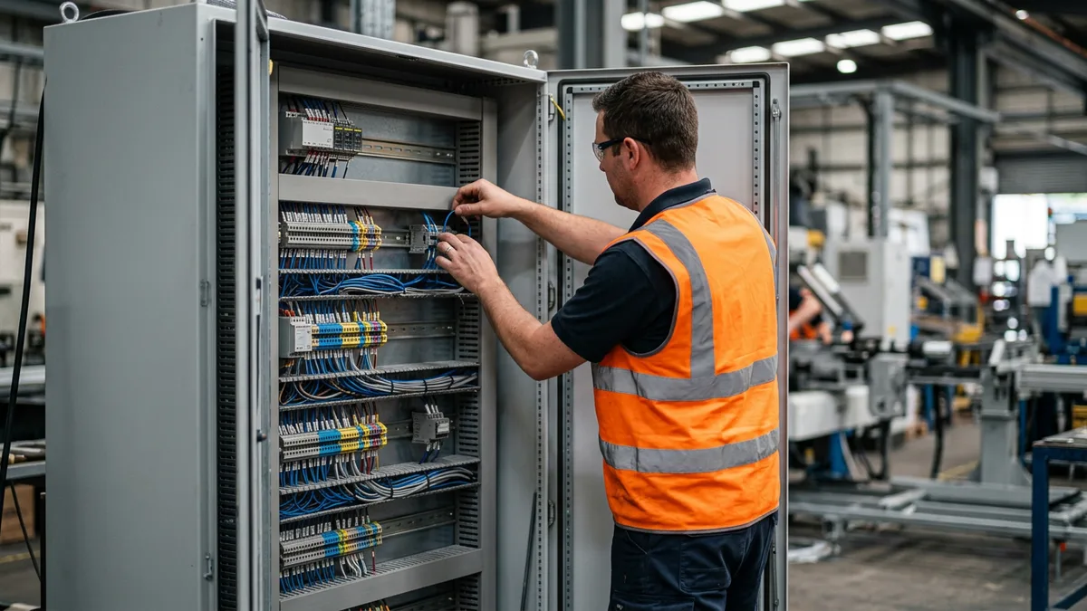 Automation engineer connecting blue control wiring to terminal blocks inside an open PLC control cabinet