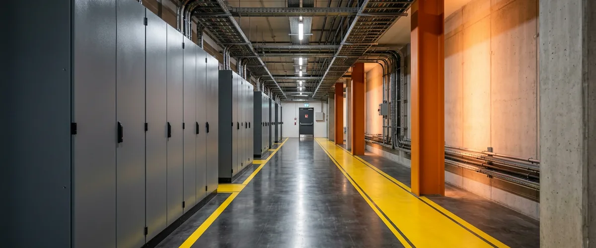 Corridor of grey industrial control cabinets in a plant control room with orange accent columns