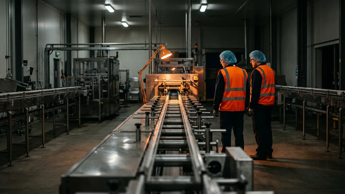 Two engineers in high-visibility vests inspecting a stopped stainless steel packaging line during a night shutdown