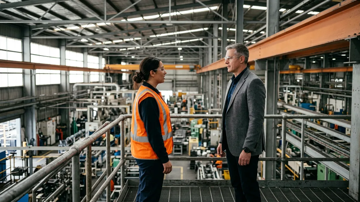 Hiring manager and automation engineer talking on a steel mezzanine above a manufacturing floor