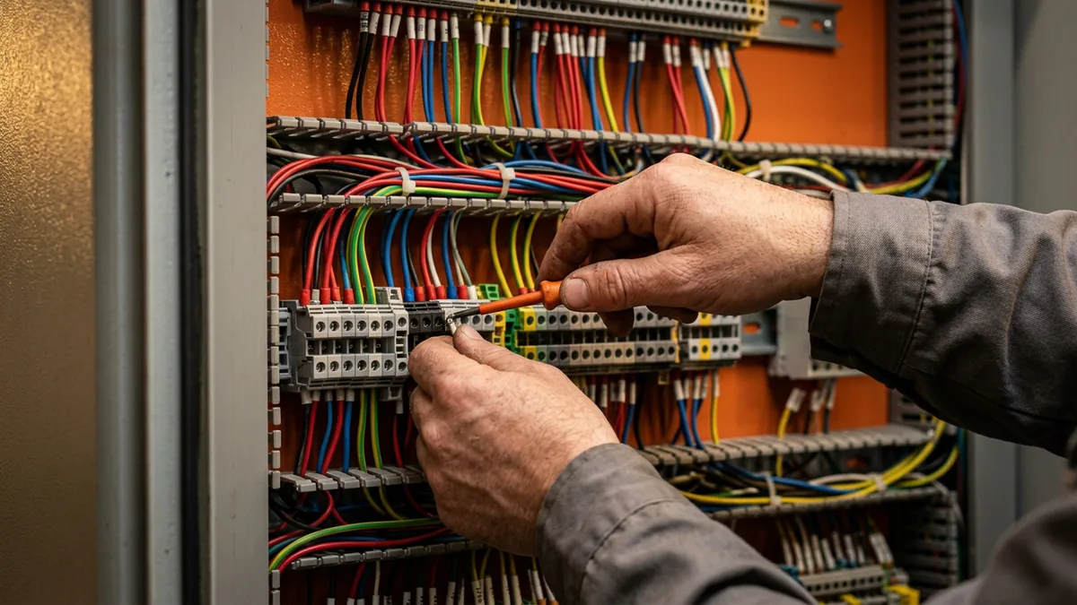 Close view of an automation technician wiring terminal blocks inside an industrial control panel with an orange back plate