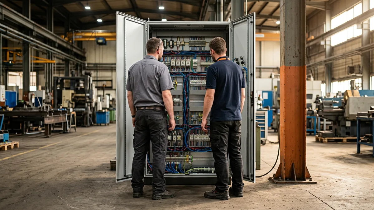 Two automation engineers standing at an open industrial control cabinet reviewing its wiring on a manufacturing plant floor