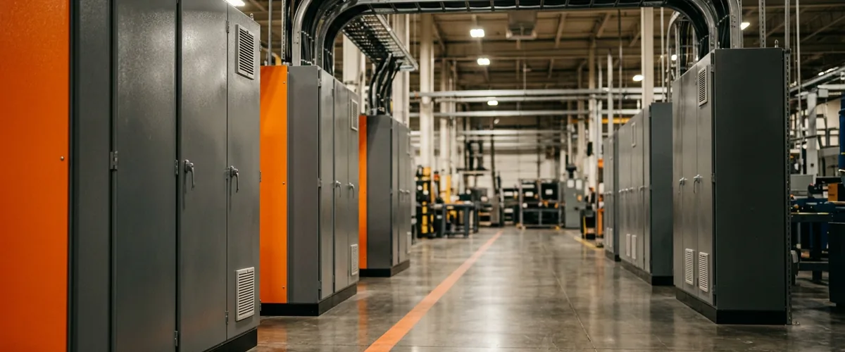 Aisle of grey industrial control cabinets with orange accent panels inside a US manufacturing plant, illustrating automation engineer salary benchmarks for 2026