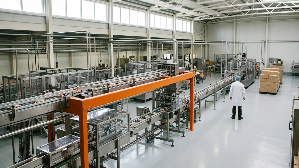 High-speed packaging line with stainless conveyors and an orange machine frame in a food manufacturing plant