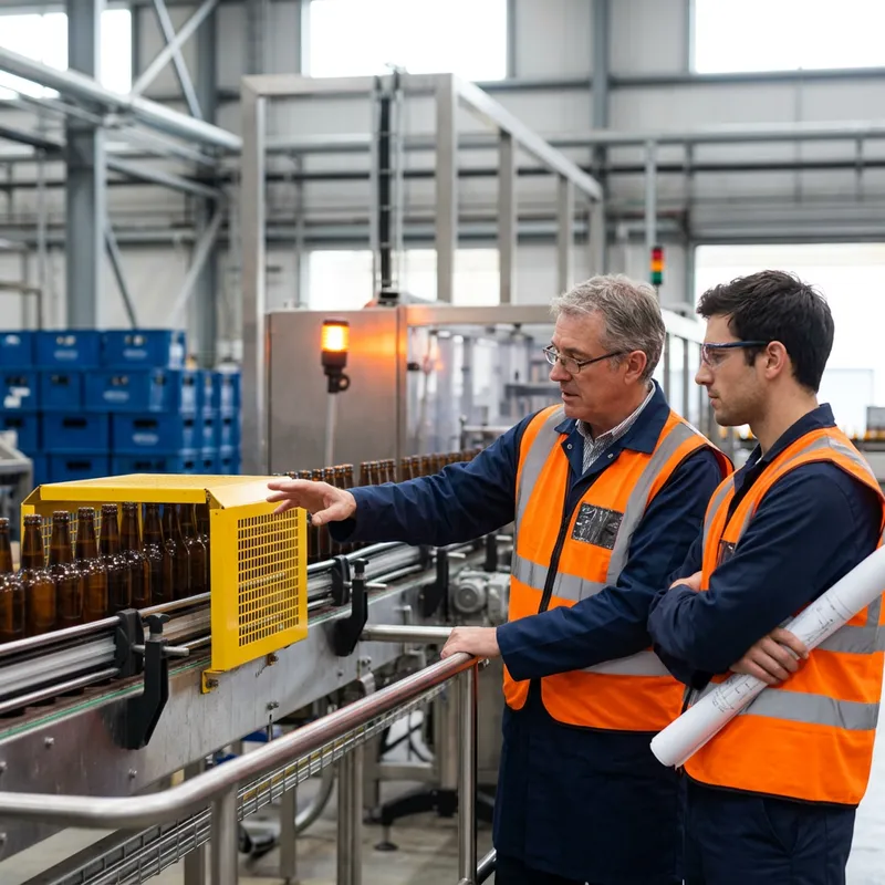 Two engineers in high-visibility vests discussing a bottling line on a manufacturing floor, one holding a rolled paper drawing