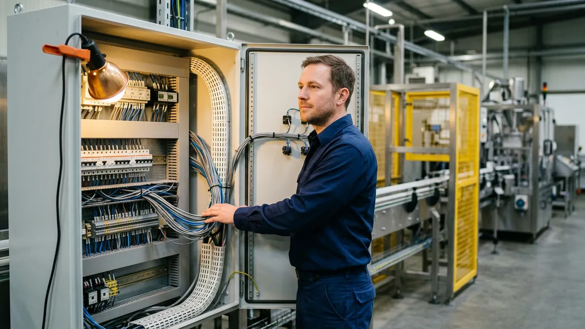An automation engineer working at an open industrial control cabinet beside a packaging line on a plant floor