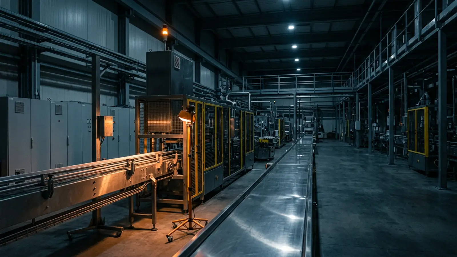 An empty high-speed packaging line during a night shutdown window with an amber stack light glowing above the machine
