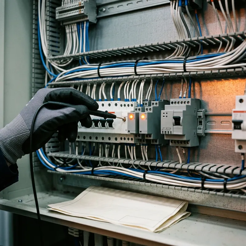 Interior of an industrial control panel showing DIN rail, terminal blocks and a meter probe held against one terminal