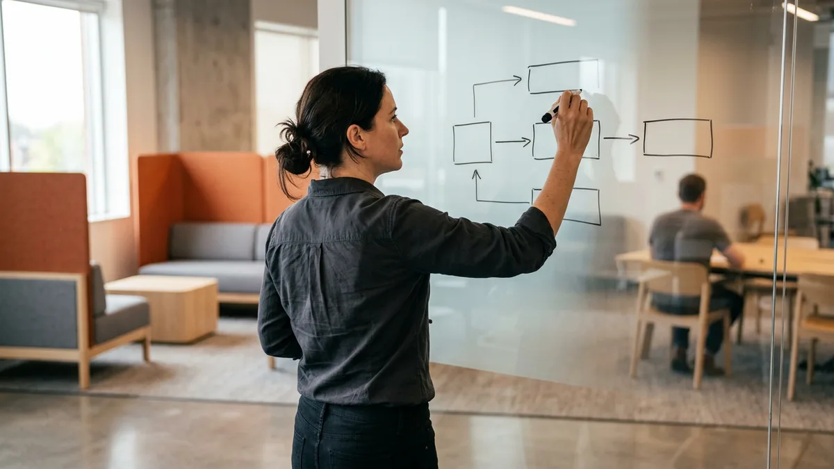 AWS solutions architect sketching an architecture diagram in marker on a glass whiteboard during a design review