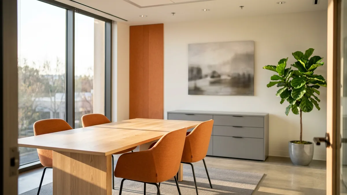 Modern interview room with orange chairs set up for an AWS solutions architect hiring loop