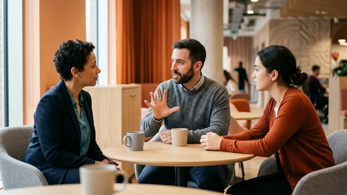 Three colleagues discussing who owns the AWS cloud bill before publishing a solutions architect job description