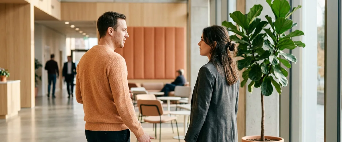 Hiring manager and cloud architect in conversation about an open AWS solutions architect requisition in a modern office lobby