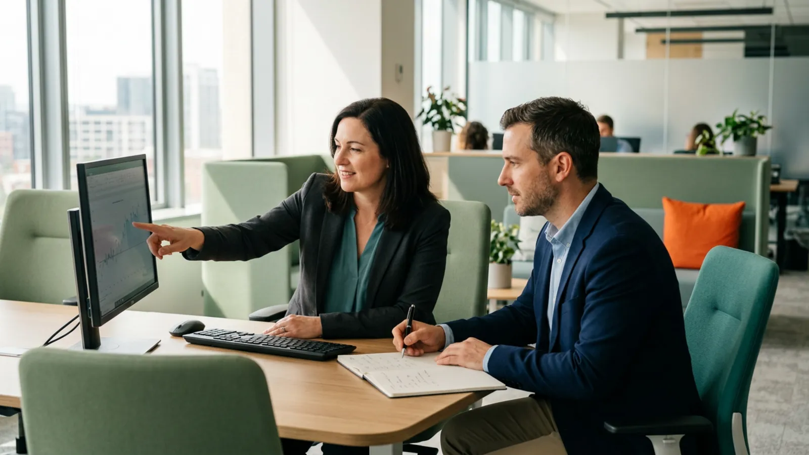 Two professionals at one monitor during a handover session, one walking through a process document while the other takes notes