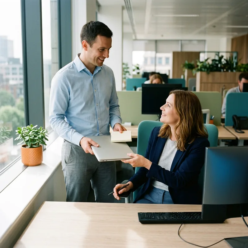 A returning employee back at their desk while a colleague hands over a laptop and a stack of notes