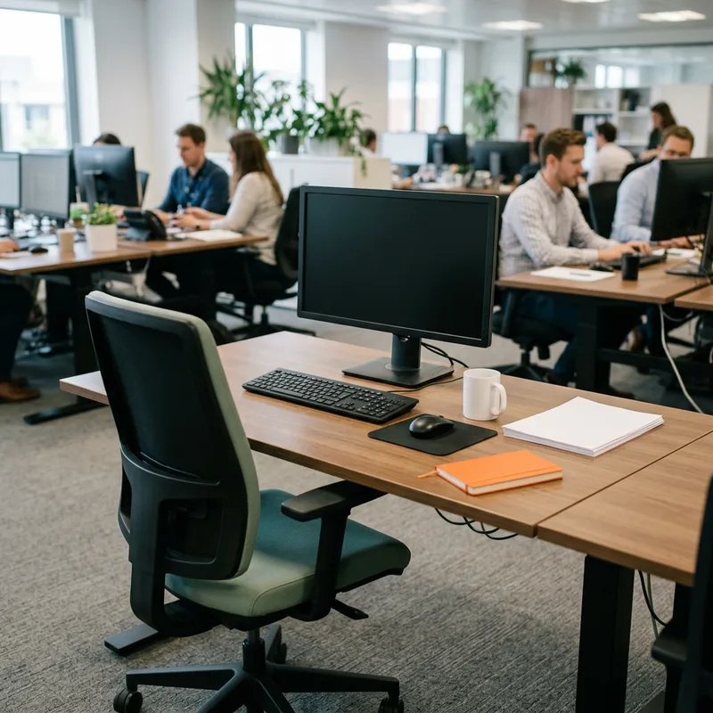 A single vacant workstation with a dark monitor in an otherwise occupied open plan office