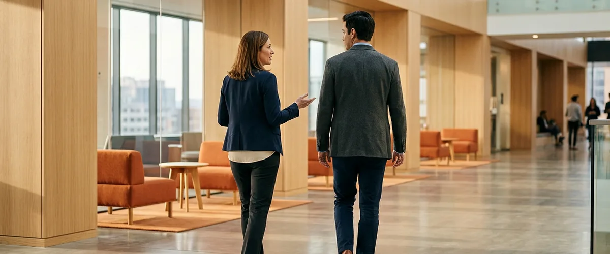 IT project manager staffing agencies 2026 ranking by KORE1 - two colleagues walking through an office atrium