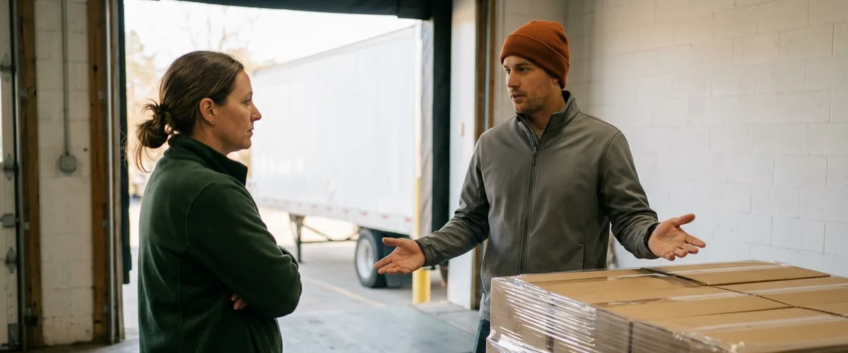 Operations lead and warehouse manager discussing a stretch-wrapped wholesale pallet at a loading dock, the point where a Shopify ERP has to agree with the 3PL