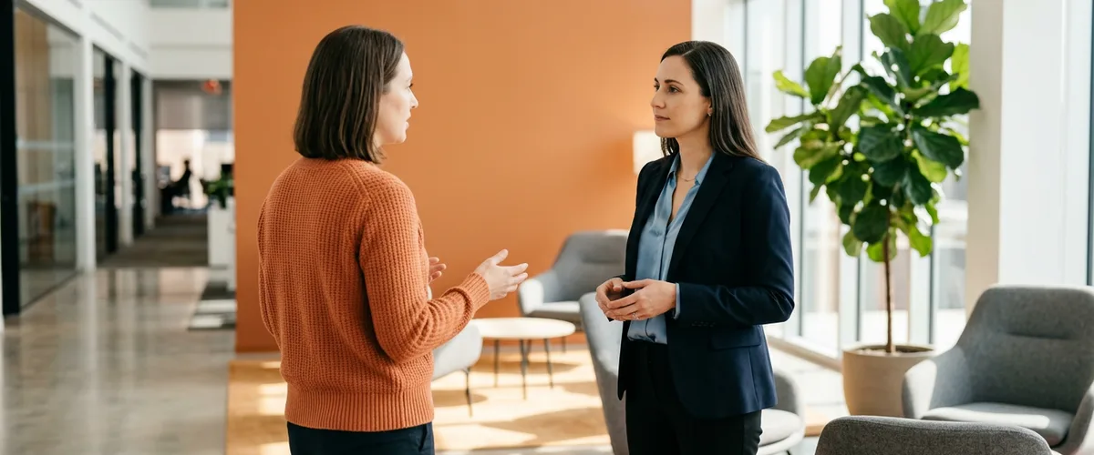 Two colleagues discussing a BI developer job description in a modern office lobby