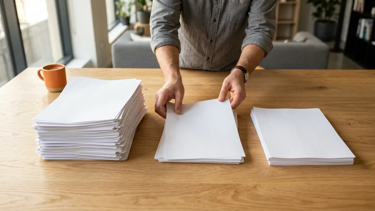 Hands sorting a tall stack of printed reports into three piles during an SSRS report inventory triage