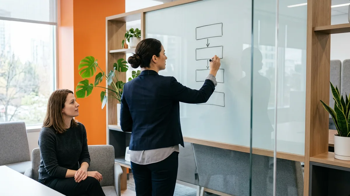 Data lead sketching the four layers of a BI stack on a glass whiteboard while a colleague watches