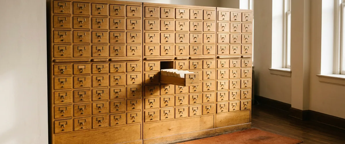 Wall of oak library card catalog drawers with one drawer pulled open, a picture of the file metadata a big data engineer has to keep track of
