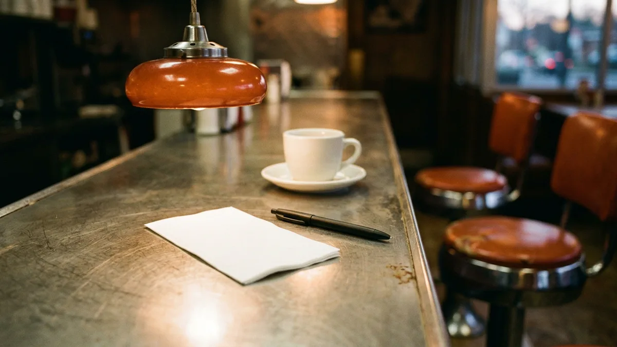 Blank paper napkin and a closed pen on a stainless steel diner counter, set up for a big data engineer estimation exercise