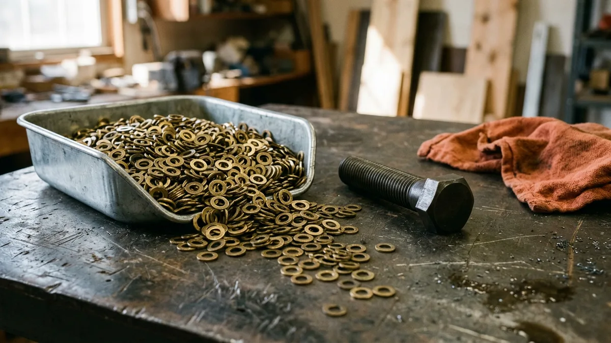 Tray overflowing with thousands of tiny brass washers beside one large steel bolt, a picture of the small files problem in big data engineering