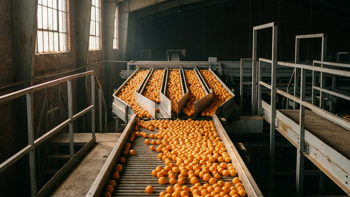 Oranges on a packing house line dividing into five steel lanes, like data being redistributed across partitions during a Spark shuffle