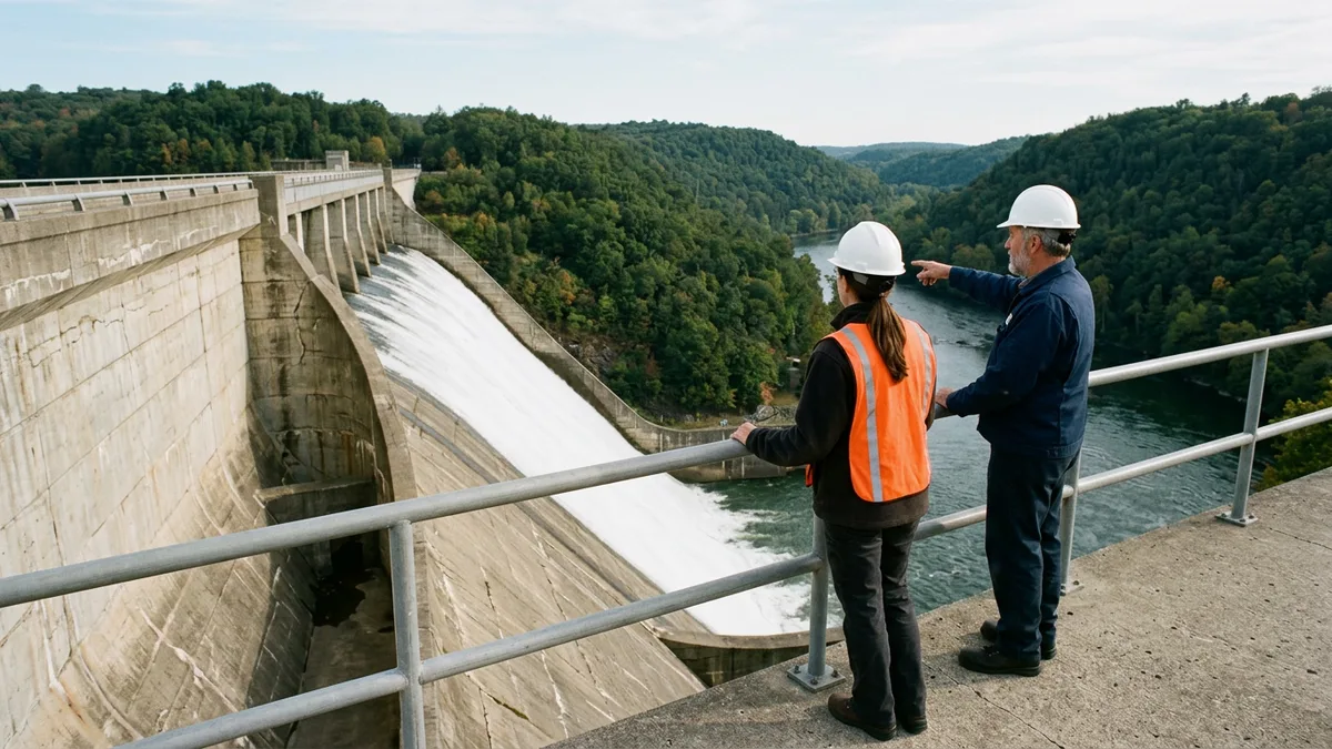 Two engineers in hard hats on a hydroelectric dam walkway looking out over the spillway and river