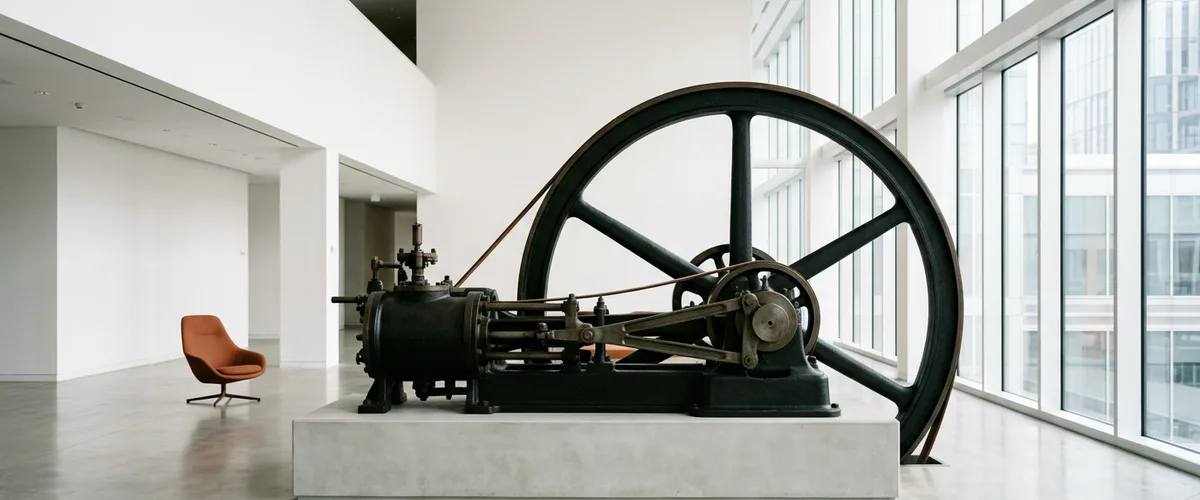 Restored cast-iron steam engine with a large flywheel on display in a bright modern office atrium