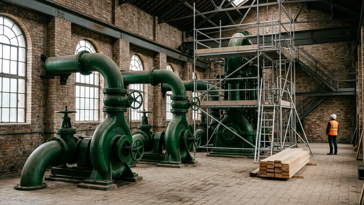Historic pumping station with green vintage pumps and scaffolding during a renovation
