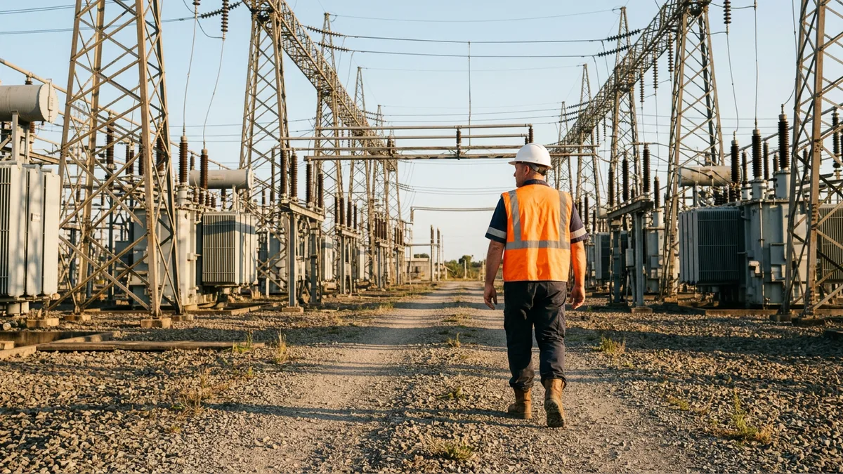 Utility field engineer in an orange safety vest walking between transformers at an electrical substation