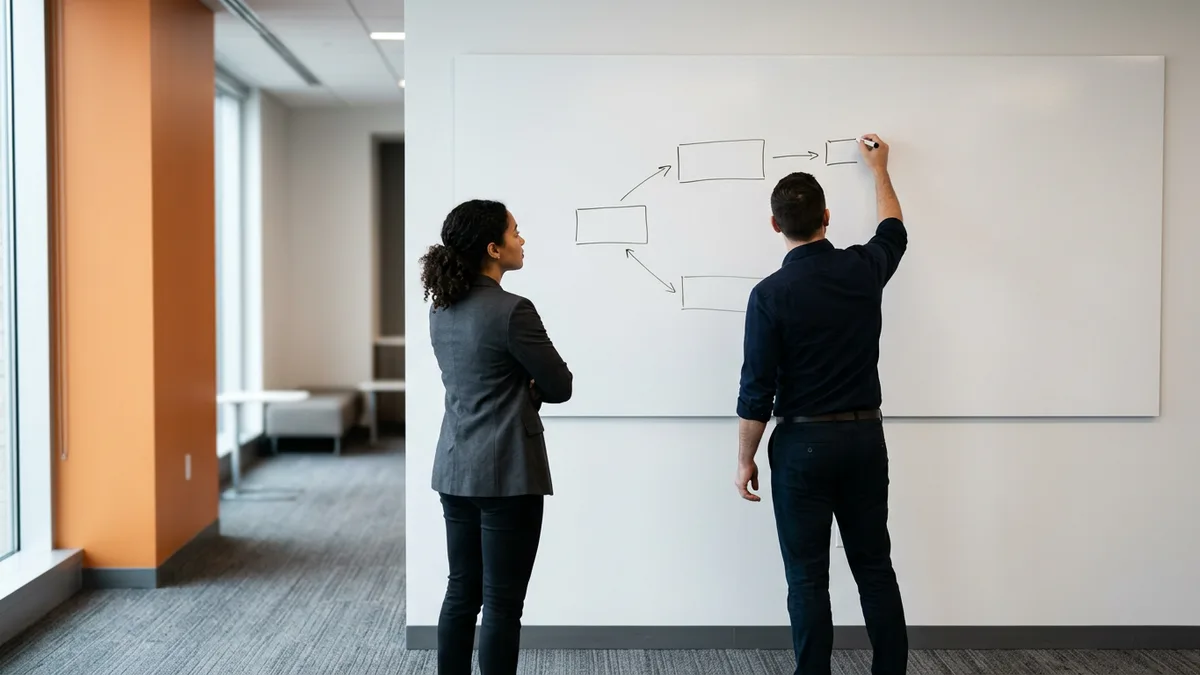 Two engineers at a whiteboard mapping the contributing conditions behind an outage instead of one root cause