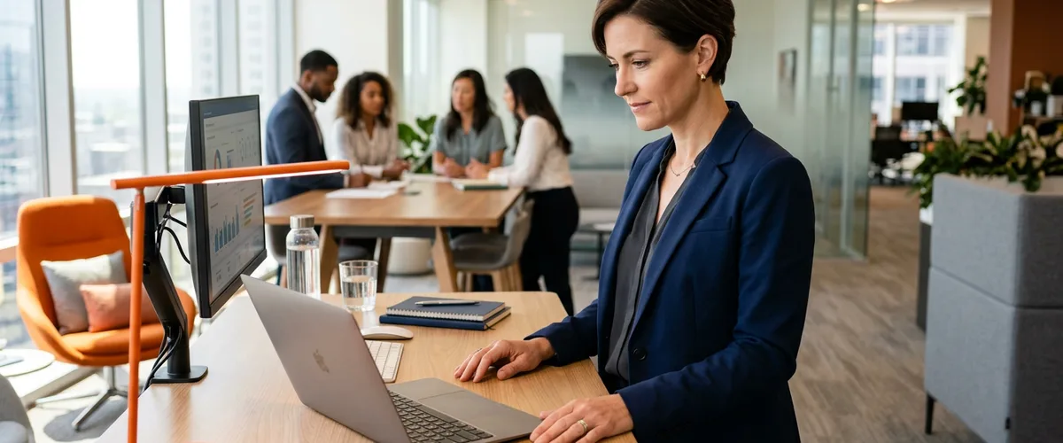 HR leader reviewing a blended workforce budget plan on a laptop in a modern office