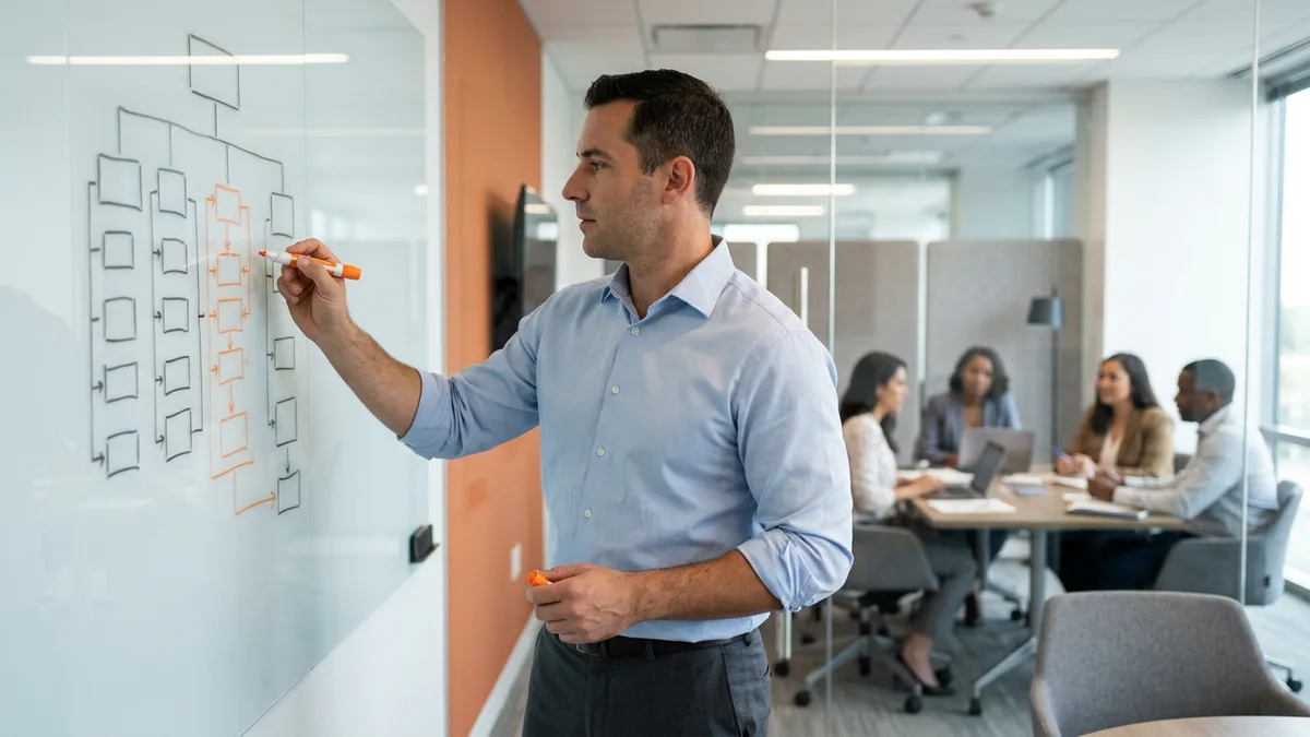 Hiring manager mapping FTE and contractor headcount on a whiteboard for a blended workforce model