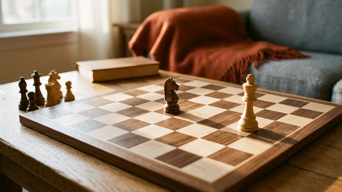 Chess game in progress with a dark knight near a pale king, a picture of the attacker mindset tested in smart contract interviews