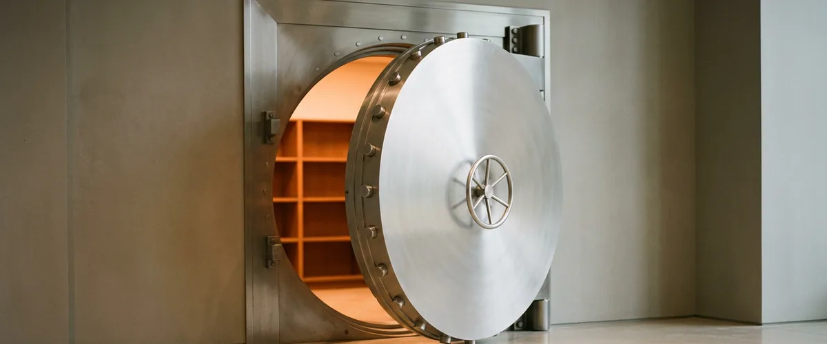 Open round steel bank vault door with warm orange light inside, representing smart contracts that hold real funds