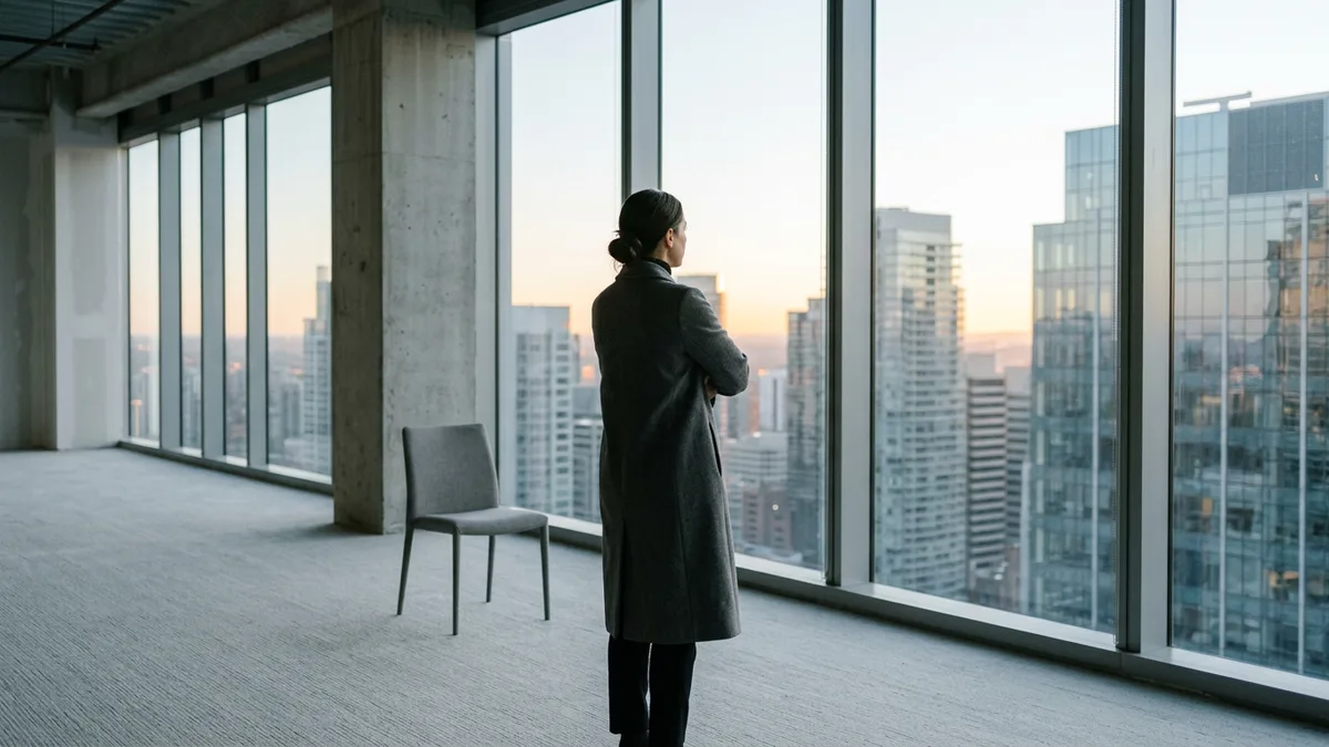 Smart contract engineer at a bank stablecoin team looking out over a downtown skyline at sunrise