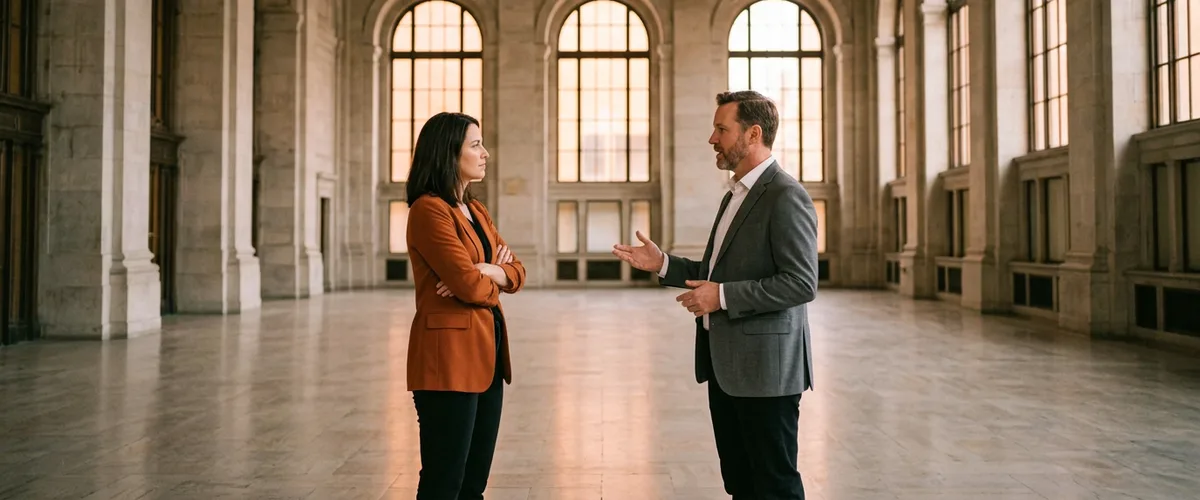 Hiring manager and engineering lead discussing a blockchain developer job description in a historic banking hall