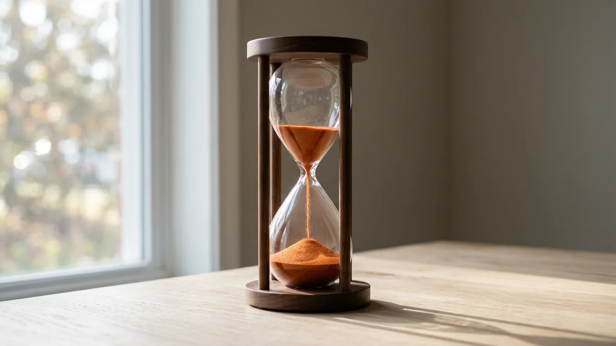 Hourglass with orange sand representing token vesting and lockup terms in a blockchain developer job posting