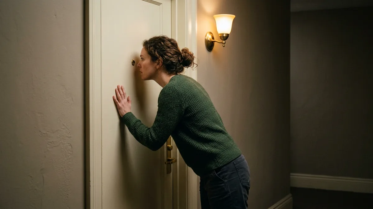 Woman checking a door peephole at night, like blockchain candidates verifying a job posting before trusting it