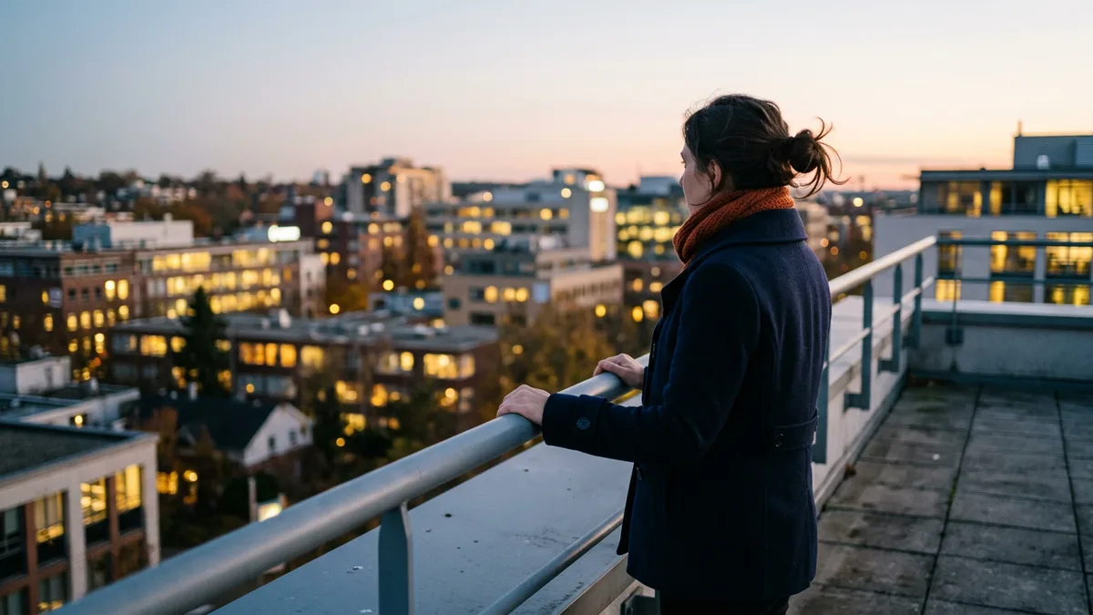Software engineer in an orange scarf standing at a rooftop railing at dusk looking out over the city