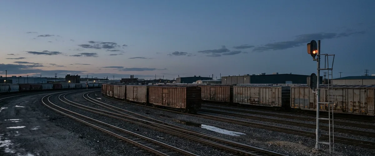 Freight rail yard at dusk with rows of weathered boxcars and an orange signal lamp, for a post on the borrowing base certificate fields machines misread