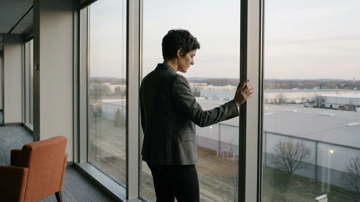 Collateral analyst standing at an office window over warehouse roofs, thinking through a borrowing base certificate review