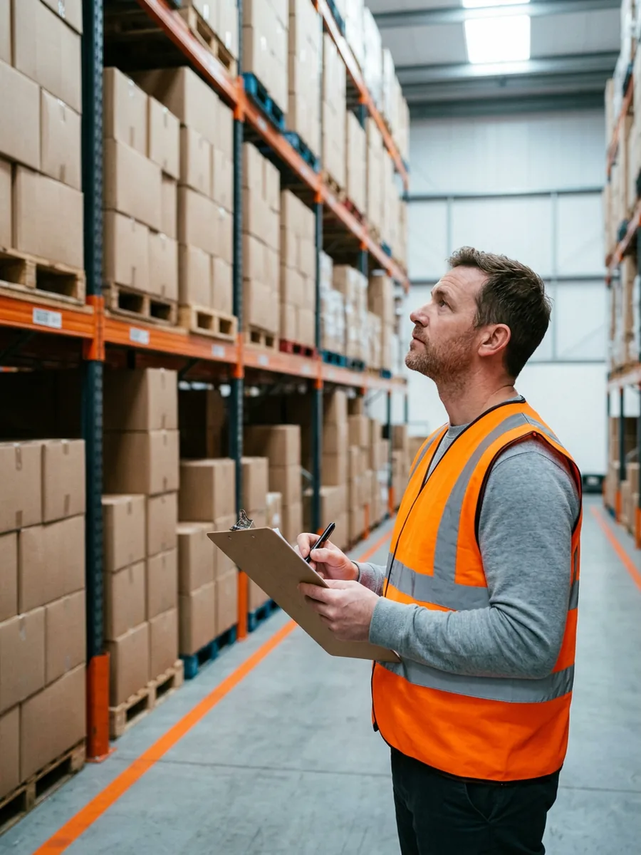 Field examiner counting inventory on a distributor warehouse floor against a printed collateral report during an asset-based lending field exam