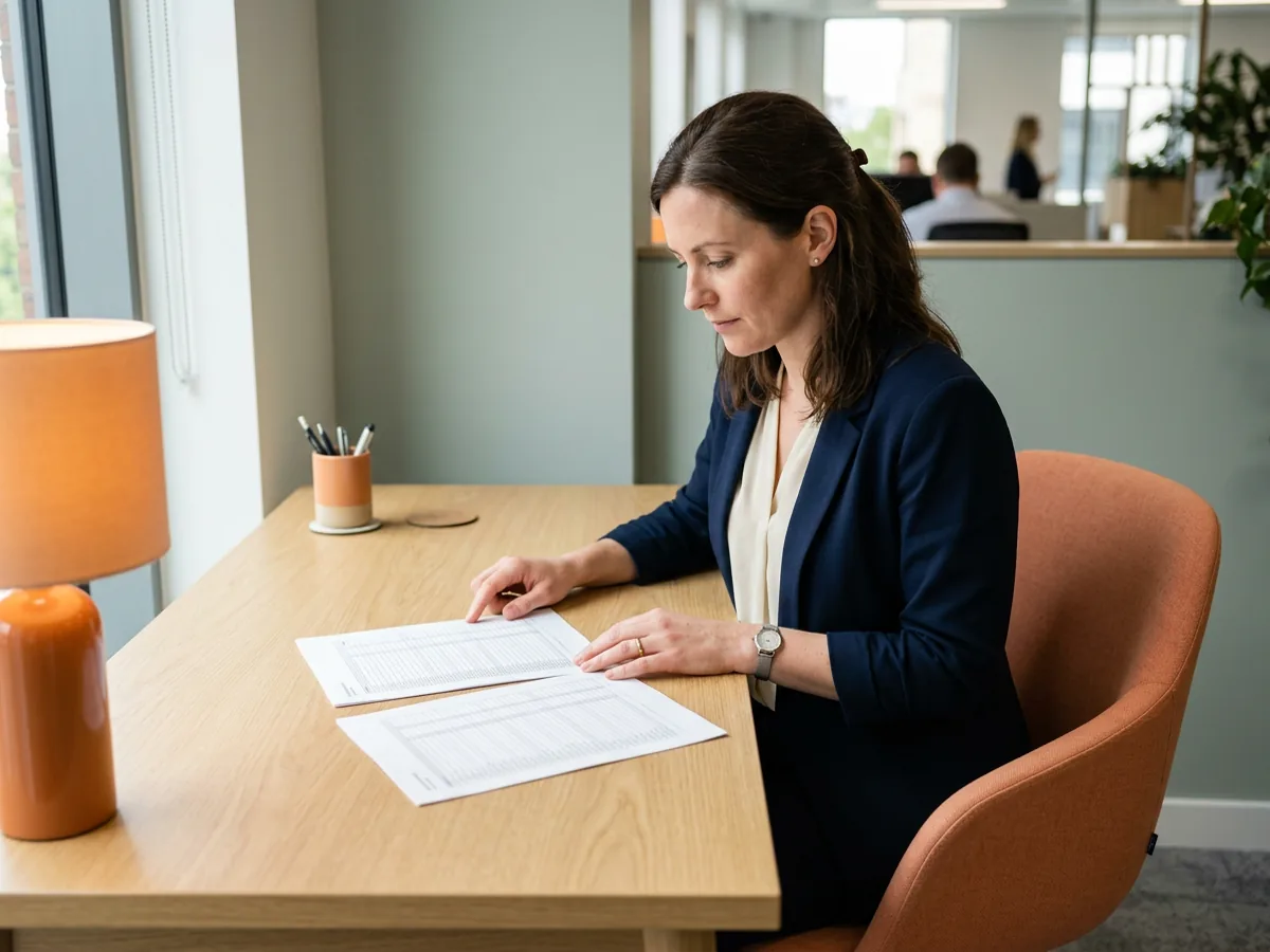 Collateral analyst at a commercial lender reviewing a borrowing base certificate beside an accounts receivable aging report