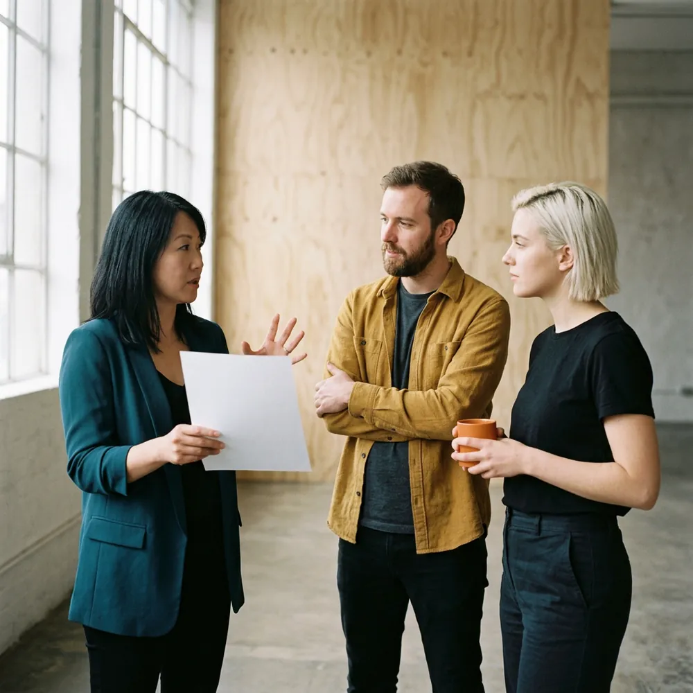 Brand strategist briefing an art director and a copywriter beside a plywood studio wall