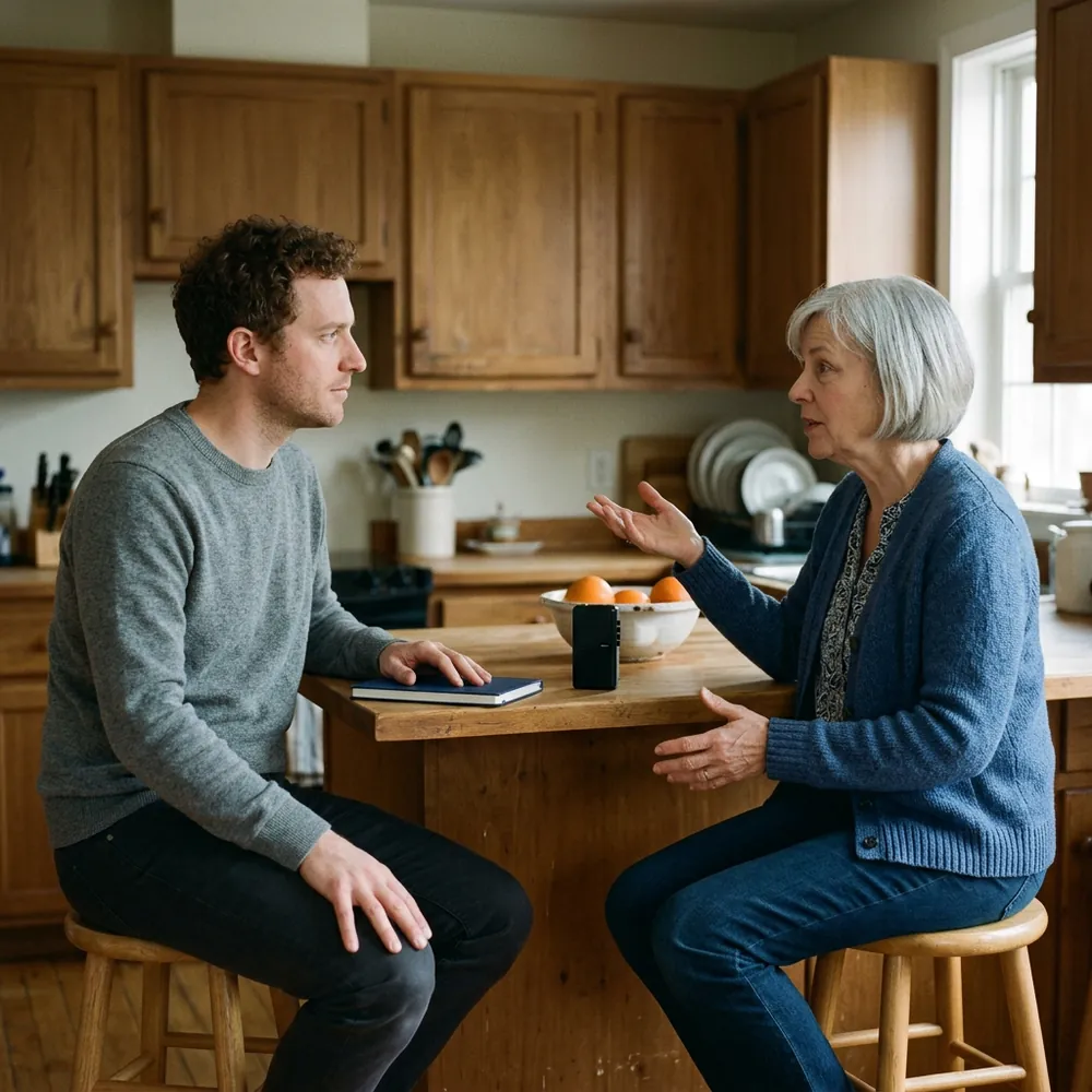Strategist listening to a customer at a kitchen counter during an in-home research interview
